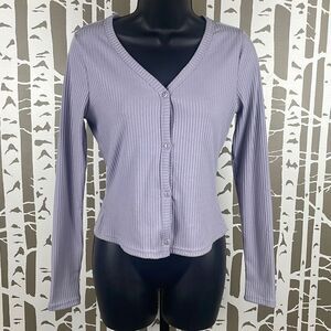 Ribbed Button Front Long Sleeve V-Neck Shirt M Lavender